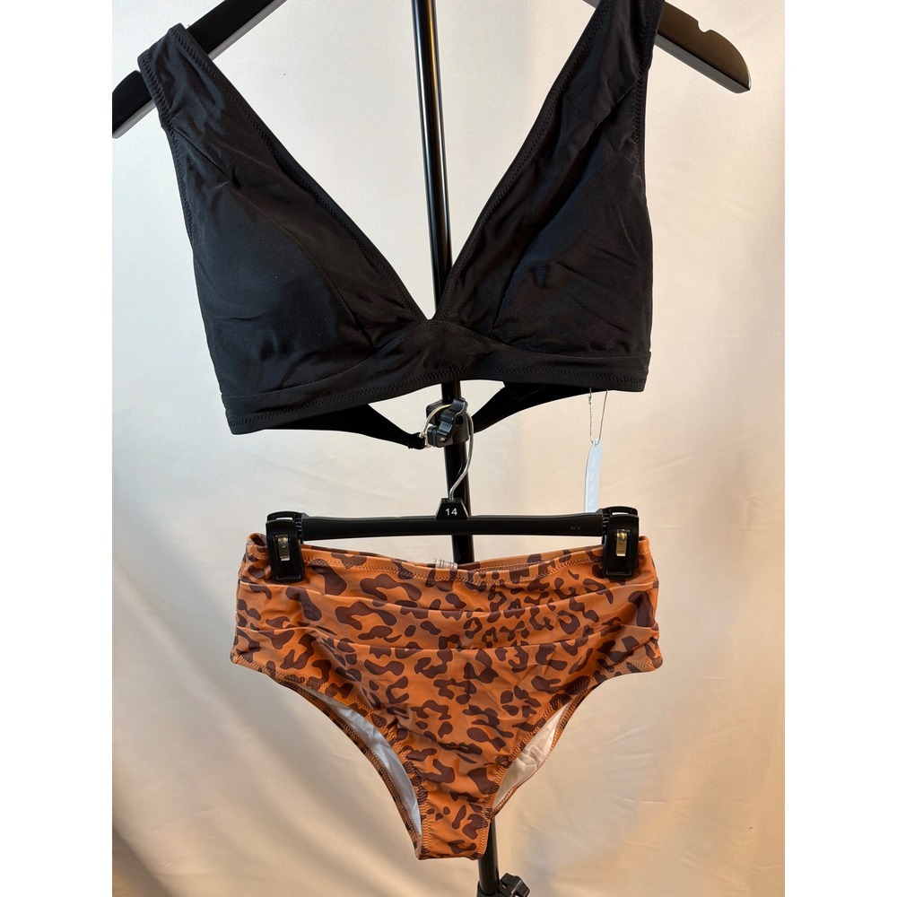 HILINKER Womens Two Piece Swimsuit Black Triangle Top Leopard High Waist Bottoms